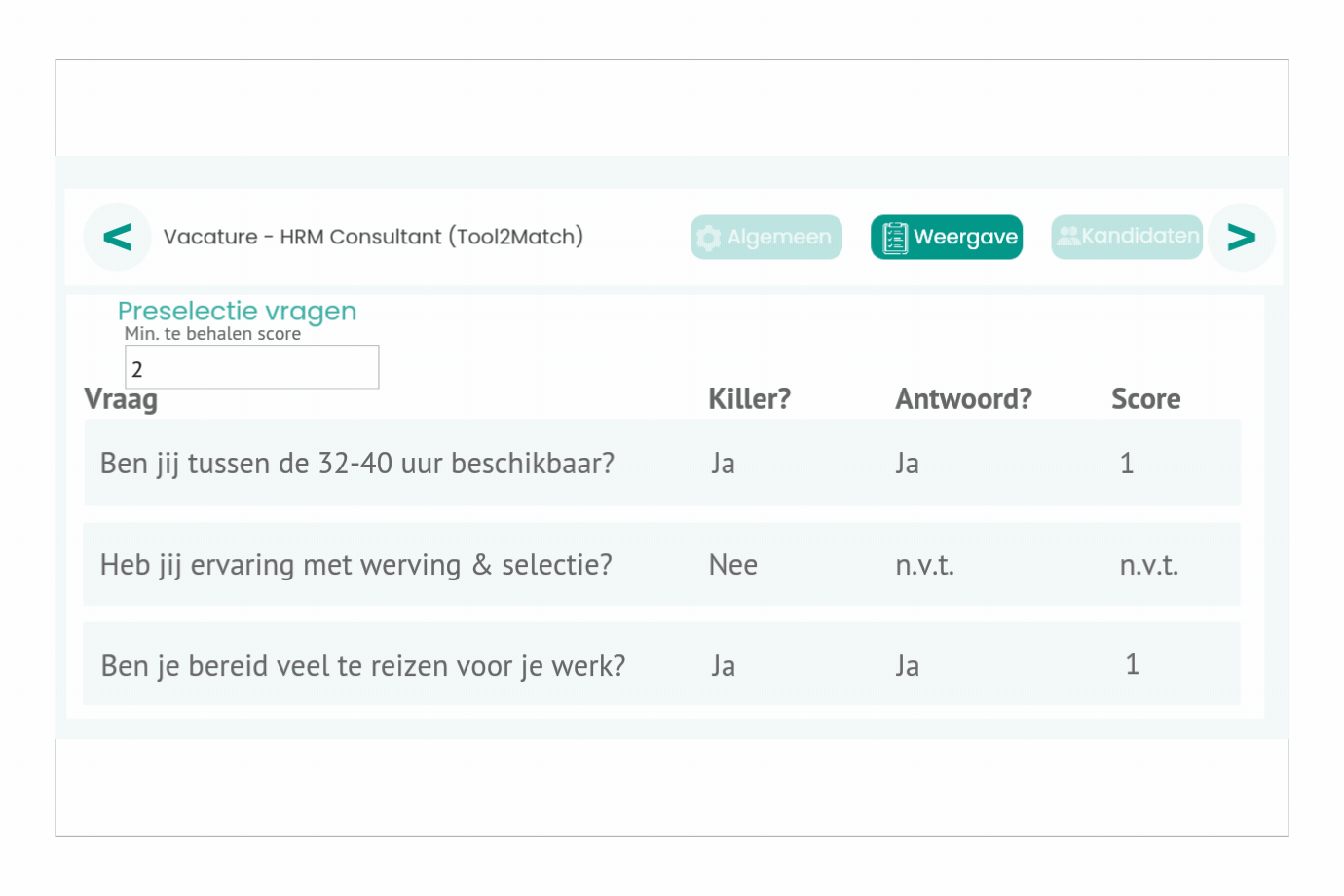 Preselectievragen instellen om kandidaten automatisch te filteren.
