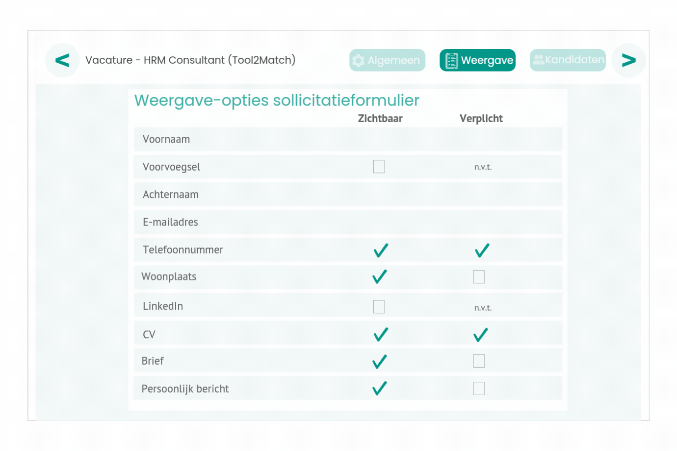 Sollicitatieformulier per vacature instellen in TOOL2MATCH.