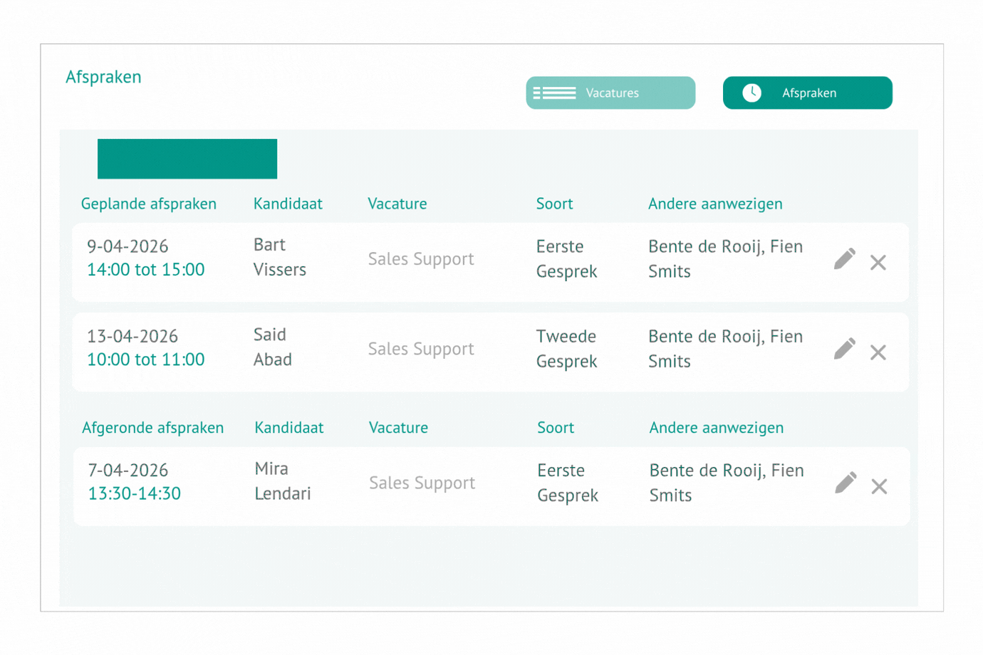 Overzicht van geplande sollicitatiegesprekken binnen recruitment software.