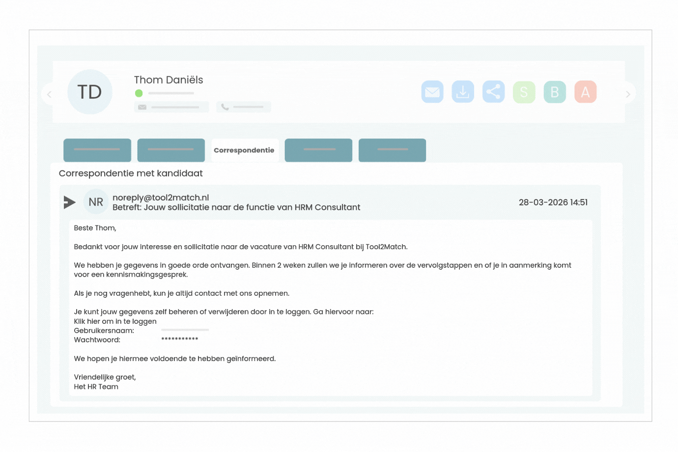 Screenshot van bulkmail communicatie met kandidaten in TOOL2MATCH.