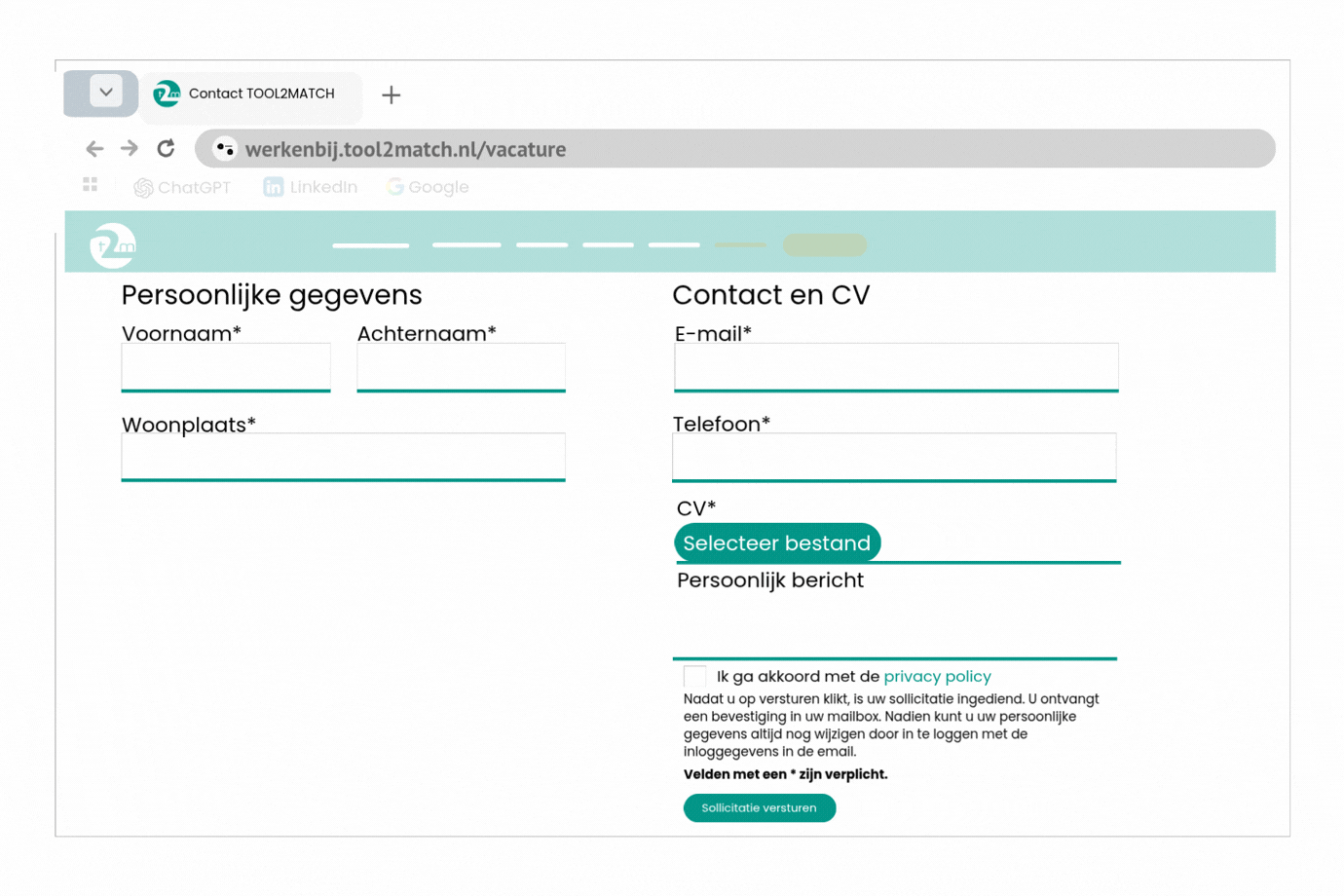 Voorbeeld van een sollicitatieformulier afgestemd op een vacature.