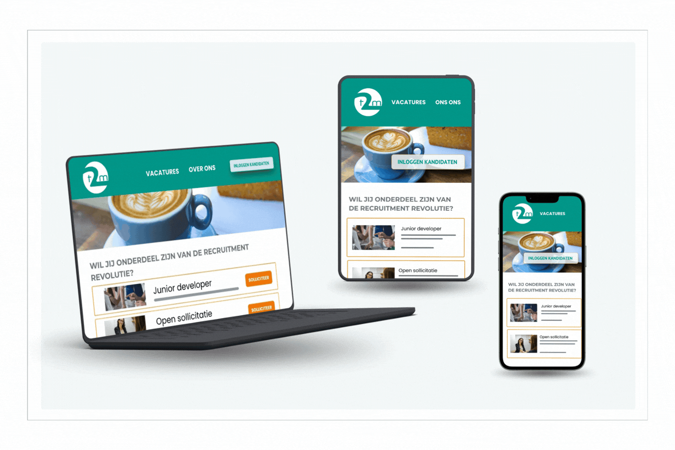 Responsive mock-up: Responsive werken-bij website op laptop, tablet en mobiel.
