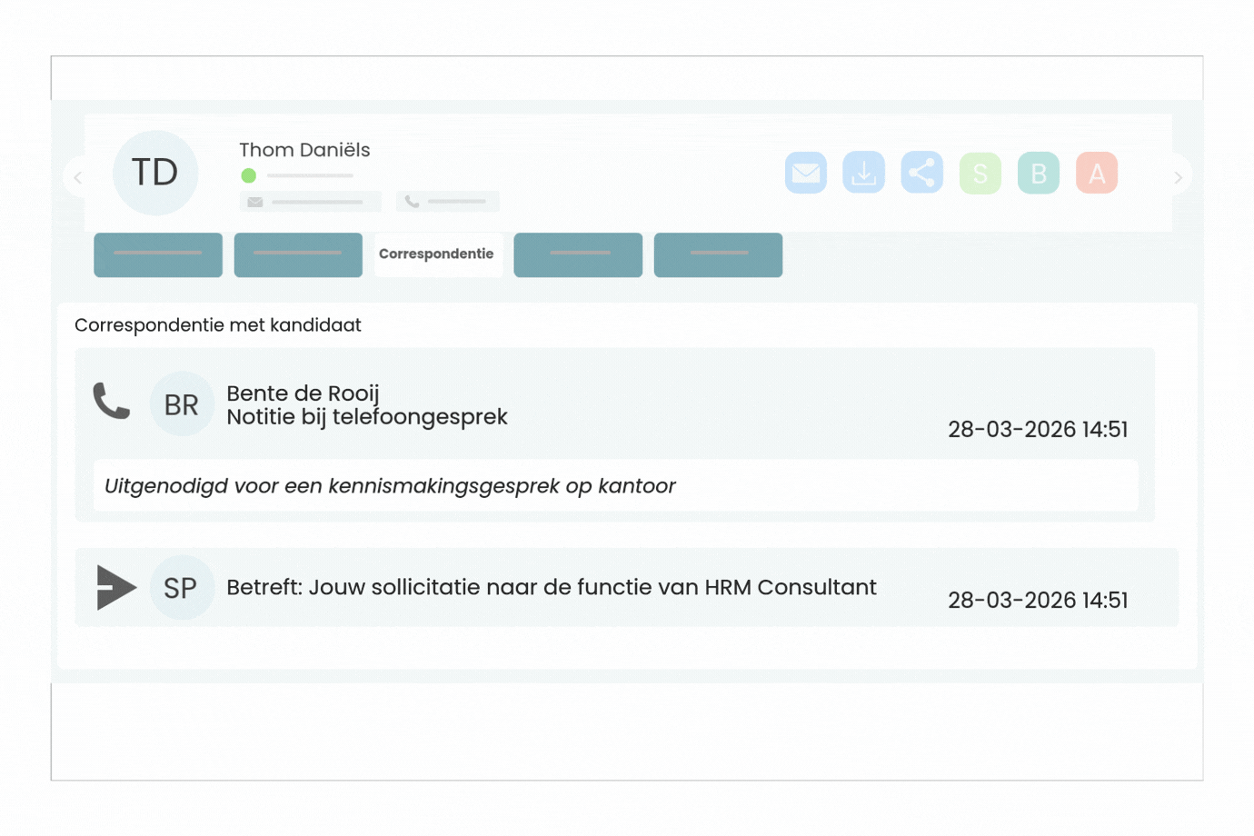 Screenshot van contactmomenten vastleggen in de kandidaatkaart van TOOL2MATCH.