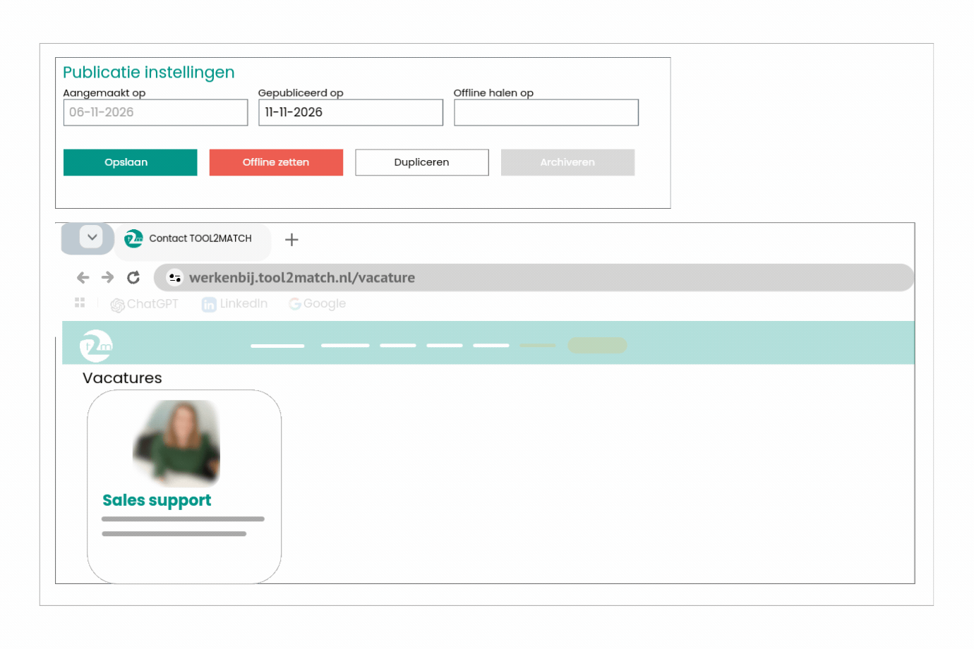 Vacaturebeheer screenshot: Vacaturebeheer in TOOL2MATCH gekoppeld aan een werken-bij website.