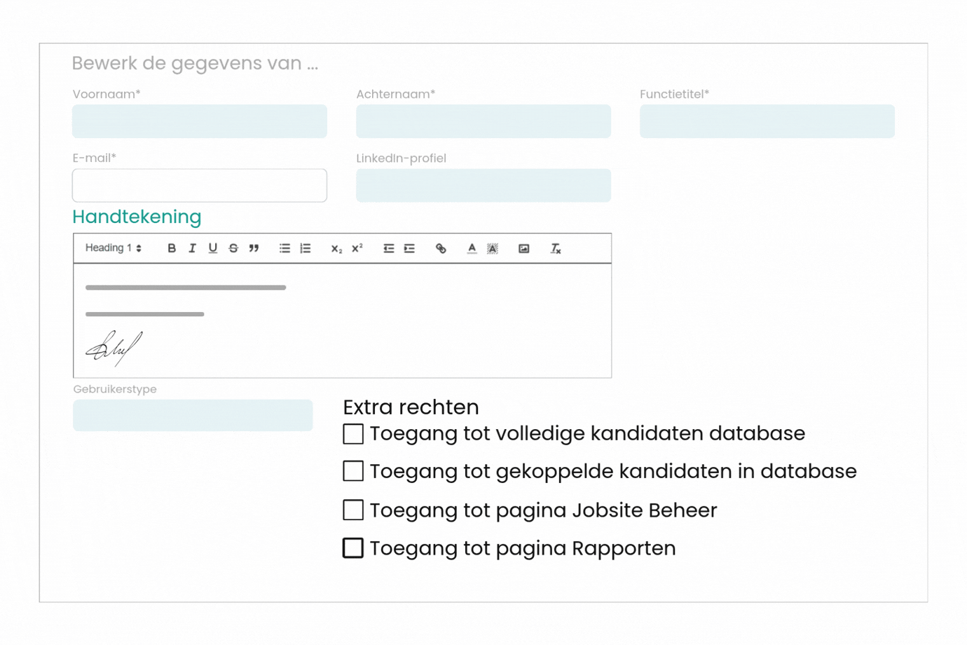 Screenshot van rollen en rechten in TOOL2MATCH voor AVG-proof samenwerken.